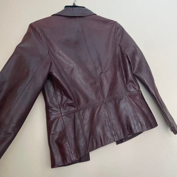 Y2K 90’s CHEVIGNON TRUCKER JACKET BLAZER COW GRAIN LEATHER MAROON SZ L VERSATILE - Picture 12 of 16